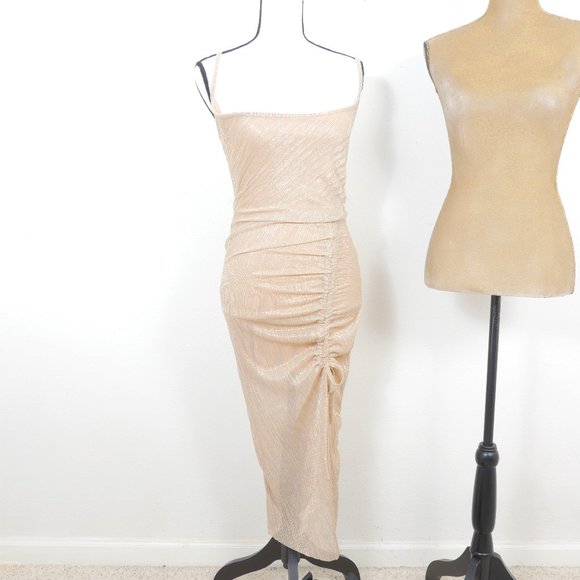 Pretty Little Thing Gold Nude Plisse Ruched Midi SZ US 6 Sexy Strappy Slip Dress - Picture 1 of 12